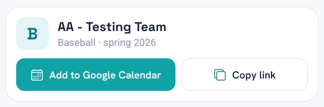A team card with an Add to Google Calendar button and a Copy link button.