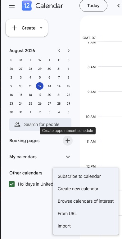 The Google Calendar menu showing Subscribe to calendar, Create new calendar, Browse calendars of interest, From URL, and Import.
