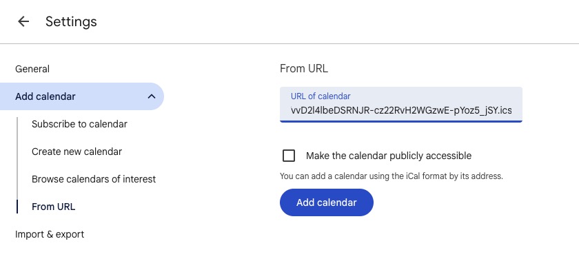 The From URL settings page with a URL of calendar field and an Add calendar button.