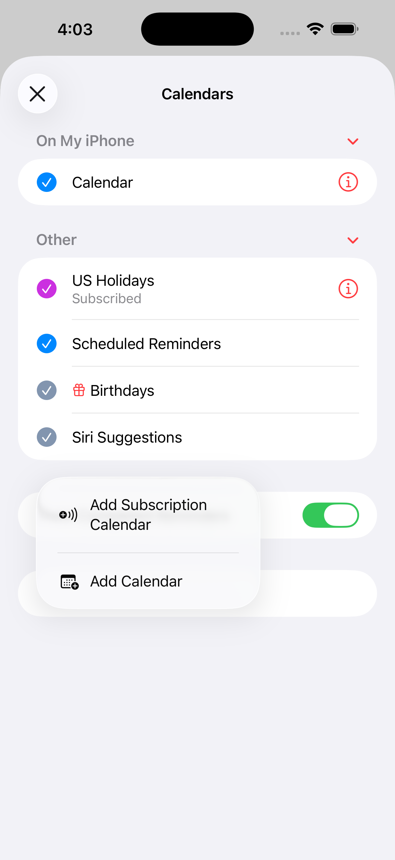 The iPhone Calendars screen with a menu open showing Add Subscription Calendar.