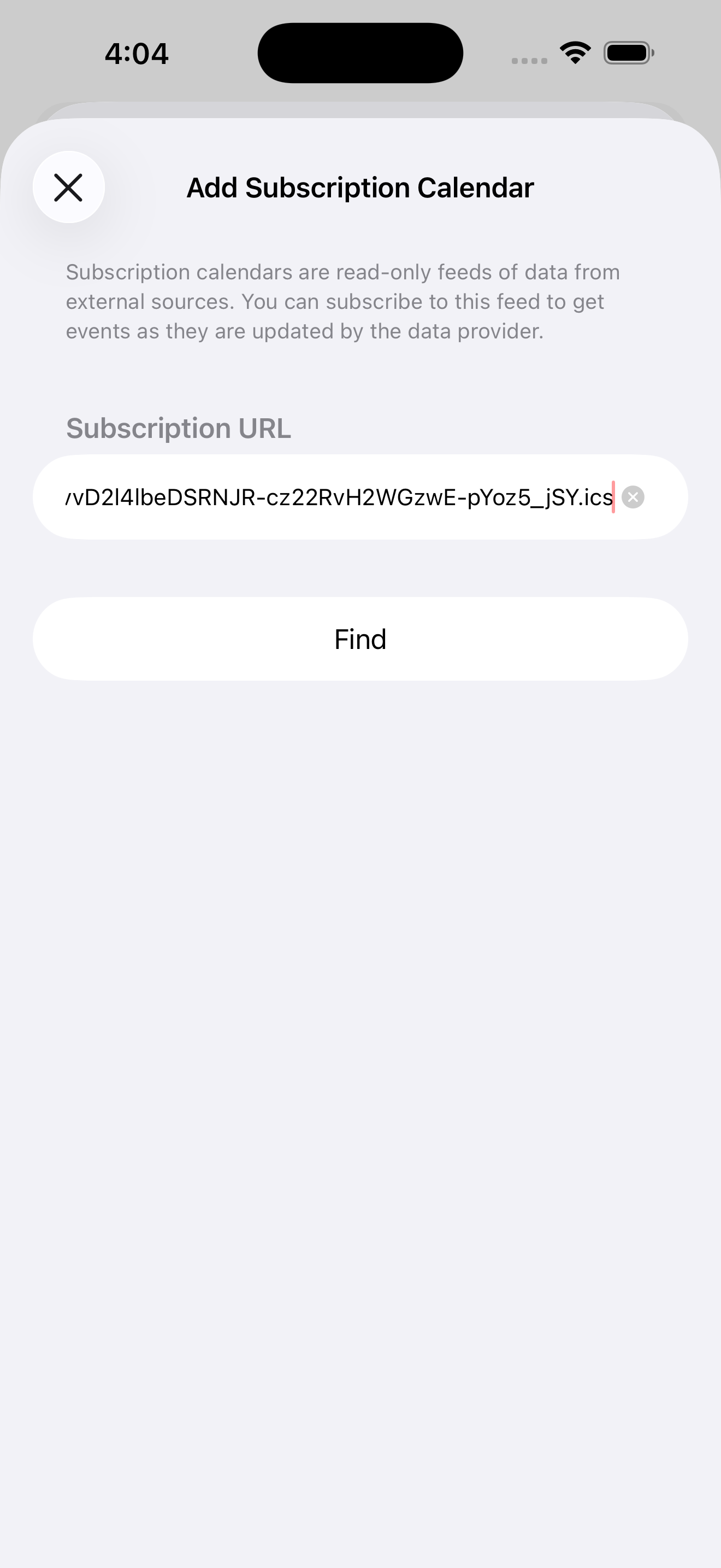 The Add Subscription Calendar sheet with a Subscription URL field and a Find button.