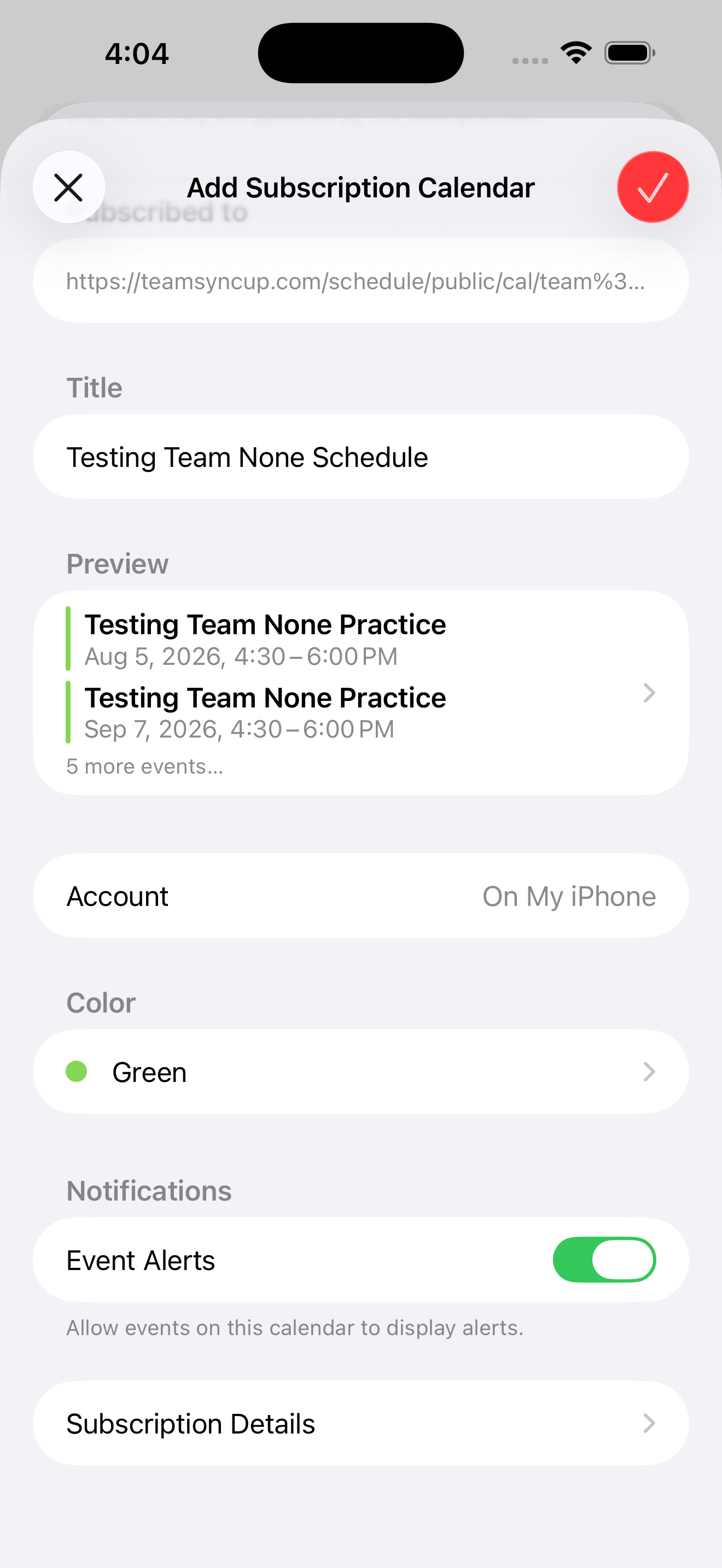 The confirmation screen showing the calendar title filled in and a preview of upcoming events.