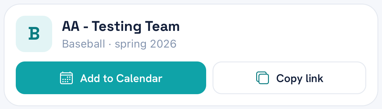 A team card with an Add to Calendar button and a Copy link button.