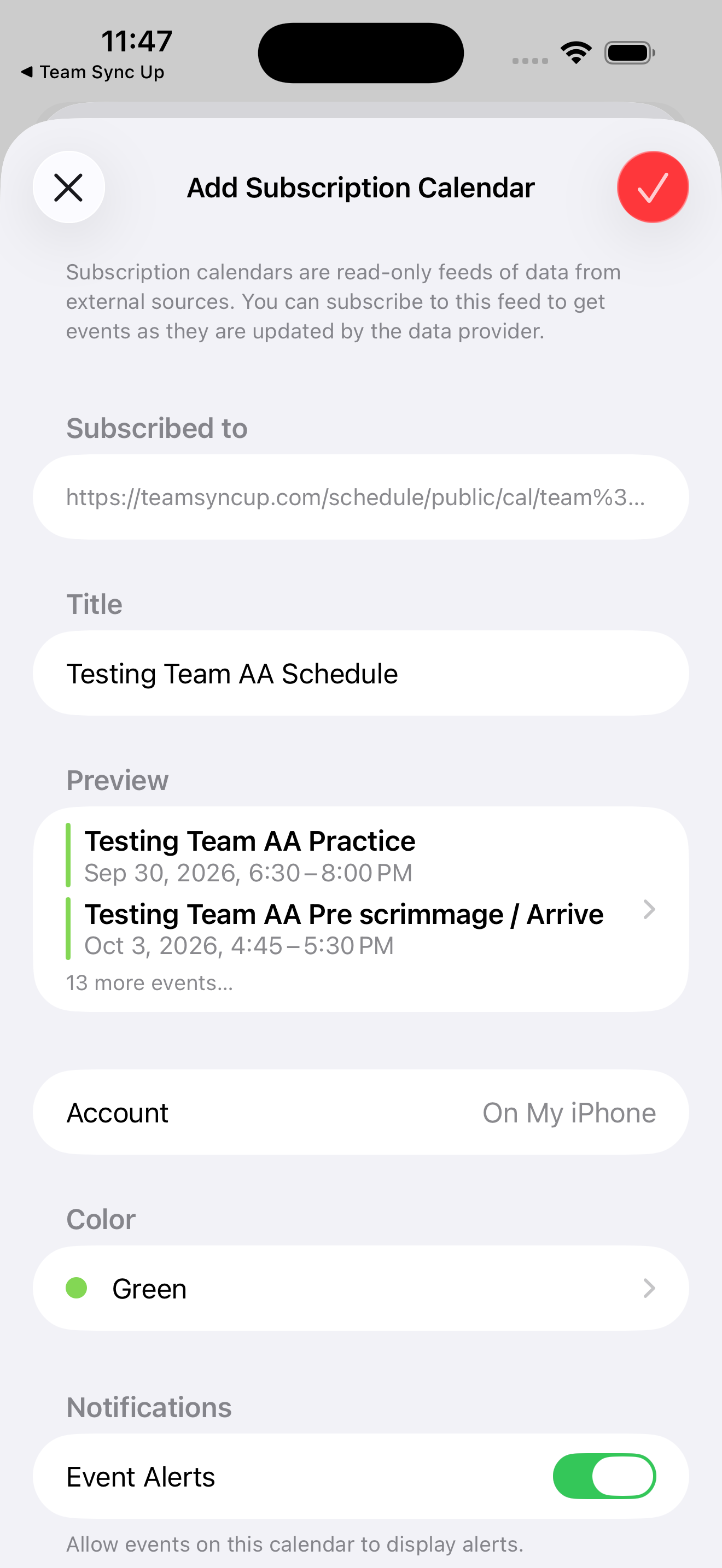 The confirmation screen with the calendar title, a preview of upcoming events, and a checkmark button at the top right.