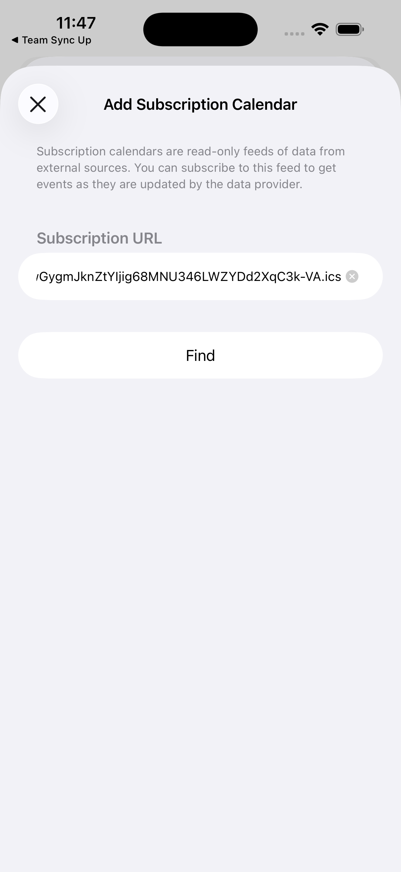 The Add Subscription Calendar pop-up with the team's link in the Subscription URL box and a Find button.