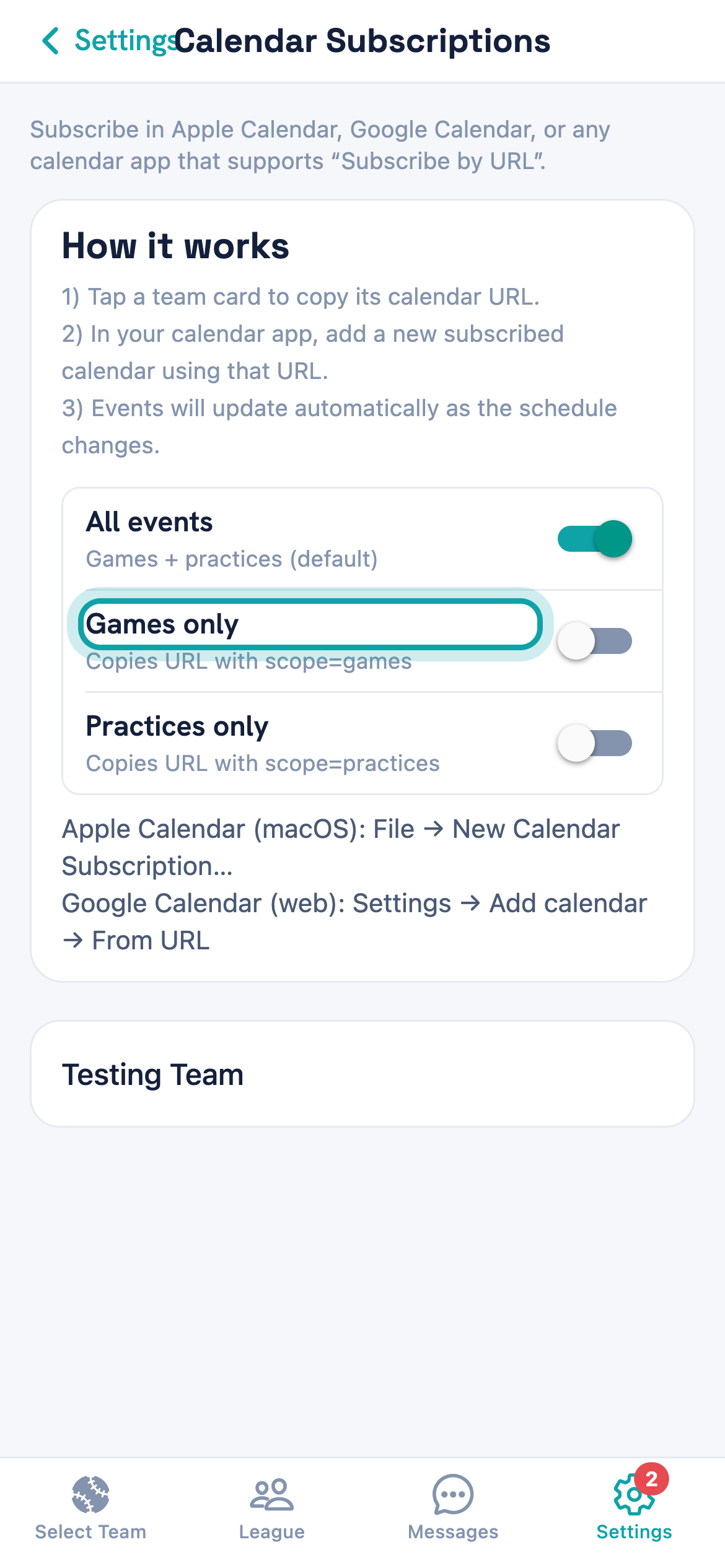 The Calendar Subscriptions screen showing All events, Games only and Practices only.