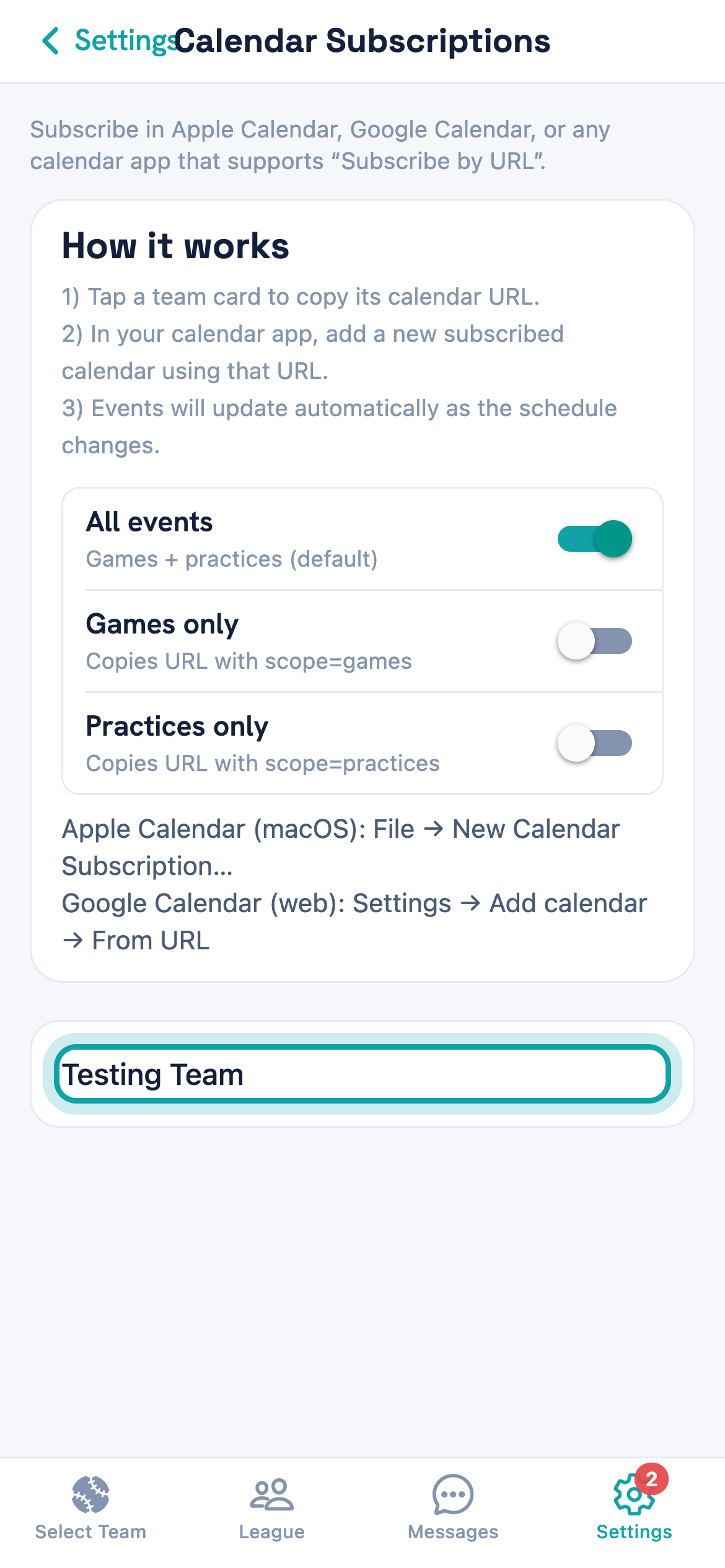 The team list on the Calendar Subscriptions screen with one team highlighted.