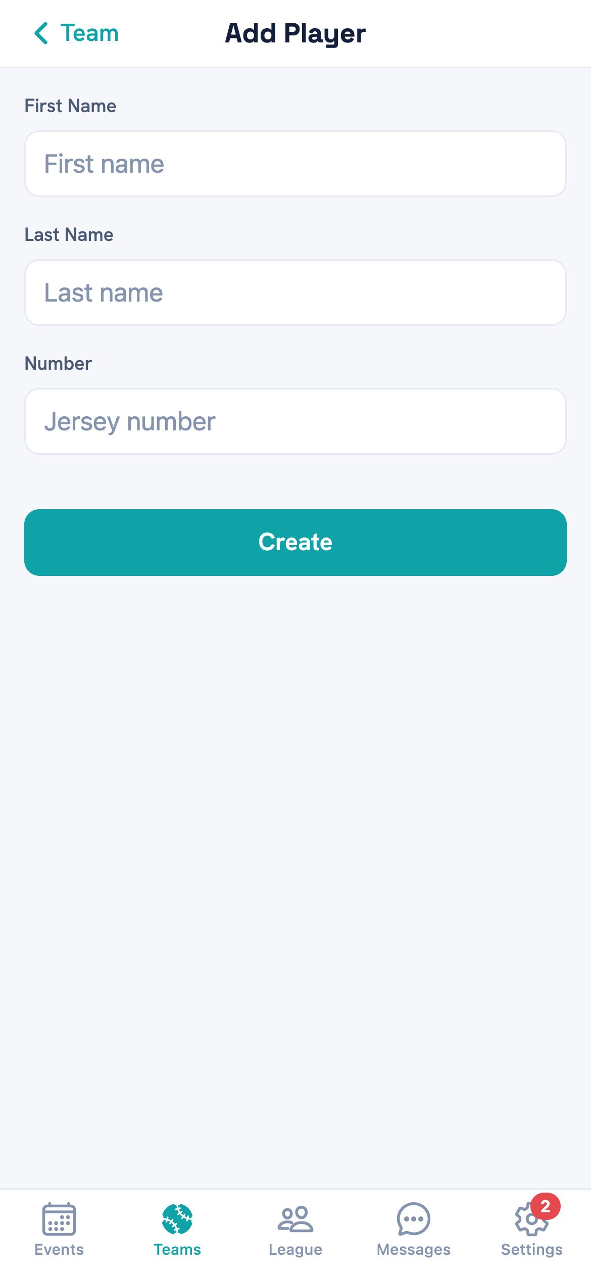 The Add Player form with First Name, Last Name and Number fields above a Create button.