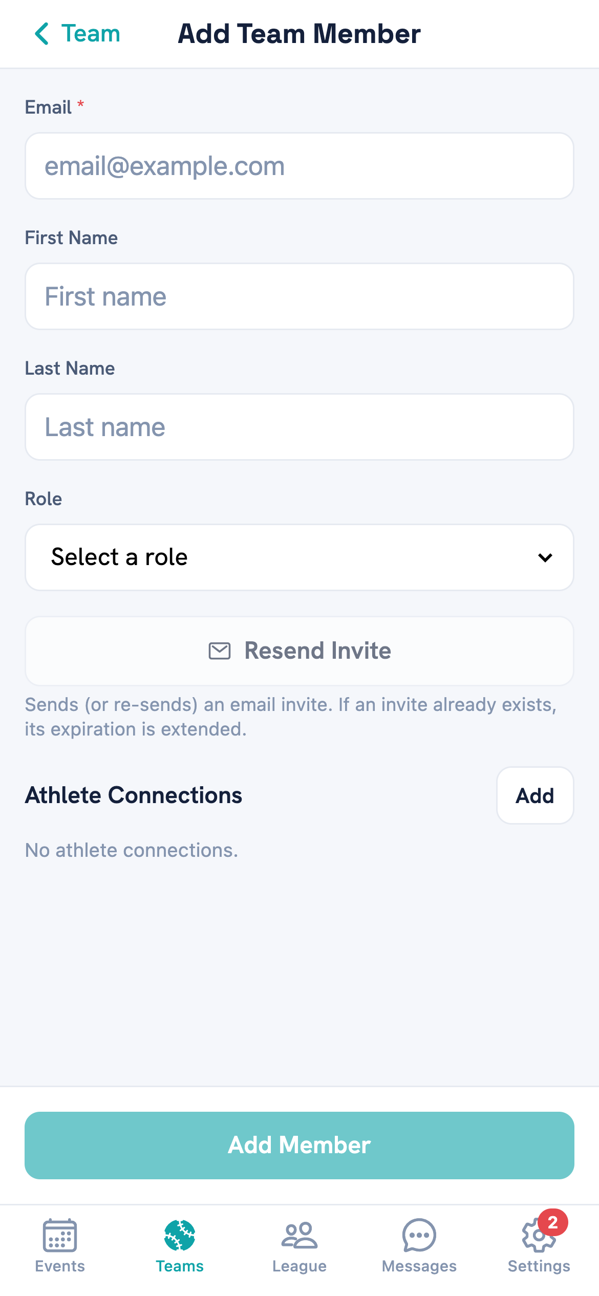 The Add Team Member form showing Email, First Name, Last Name and a Role picker listing Coach, Fan, Parent, Player, Team Admin, Team Parent and Volunteer.