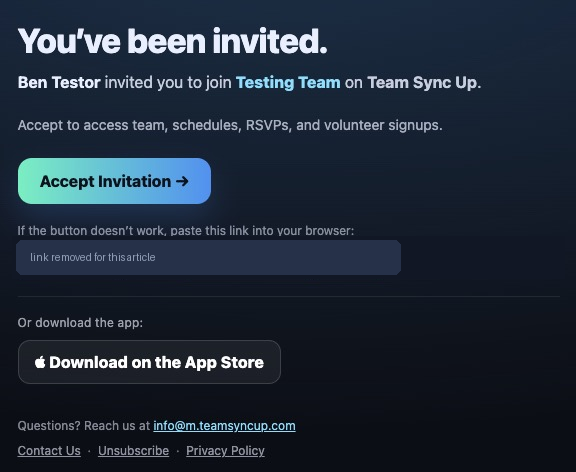 The invite email, headed You've been invited, naming the inviter and the team, with an Accept Invitation button and an App Store link.