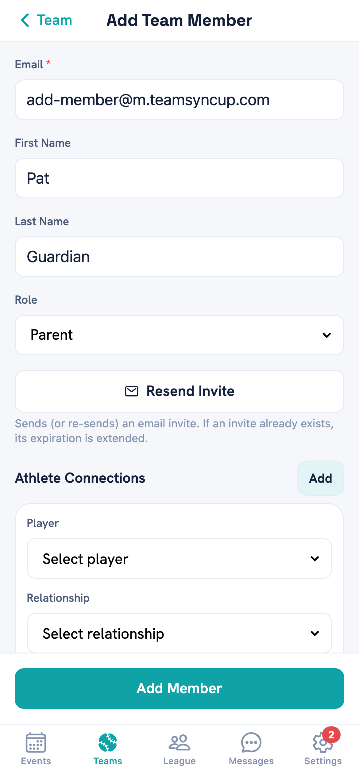 The Athlete Connections section with a player picker and a relationship picker open, showing Parent, Guardian, Relative, Fan / Supporter and Self.