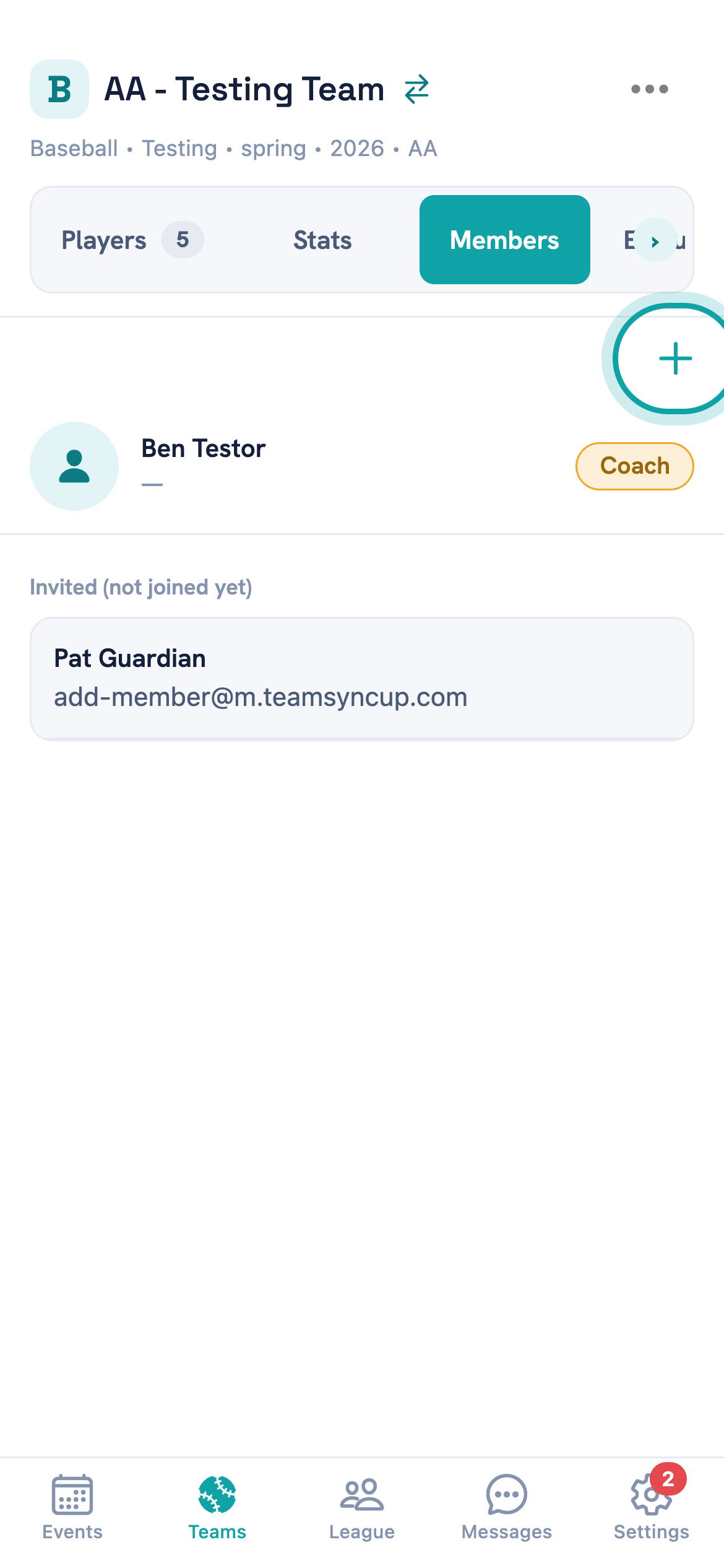 The Members tab listing a team member with a Coach badge, an Invited (not joined yet) section below, and the add button ringed at the top right.