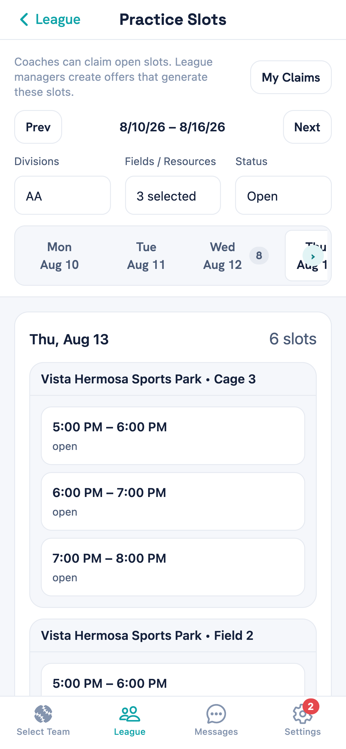 The Practice Slots screen showing week navigation, Divisions, Fields / Resources and Status filters, day tabs, and open times grouped by field.