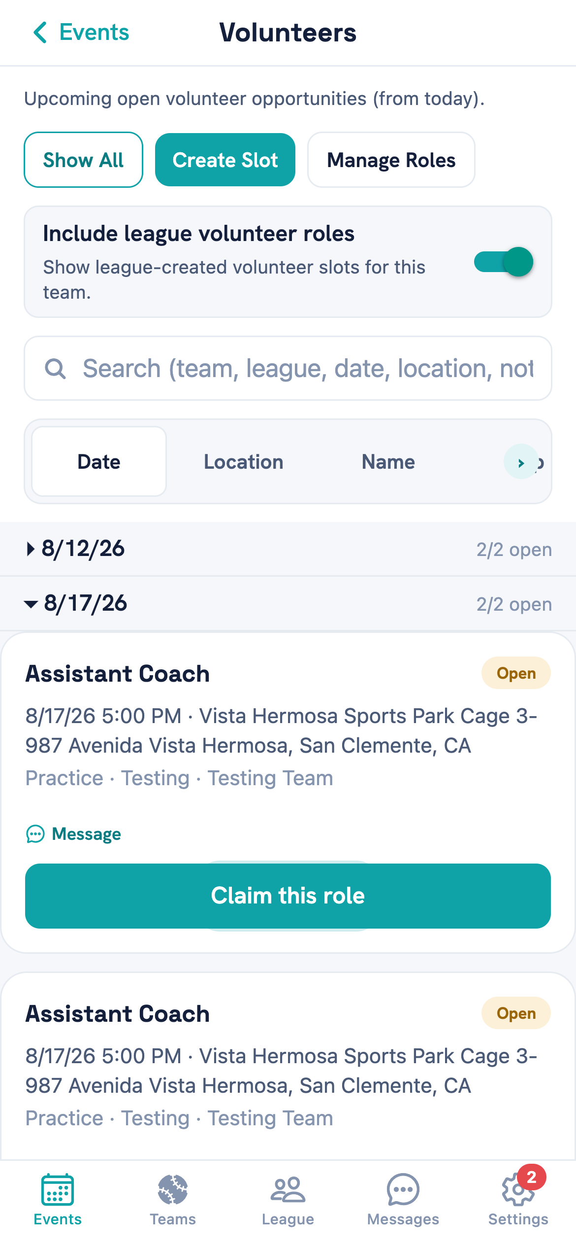 An expanded date group showing an Assistant Coach slot marked Open, with the event details and a Claim this role button ringed.