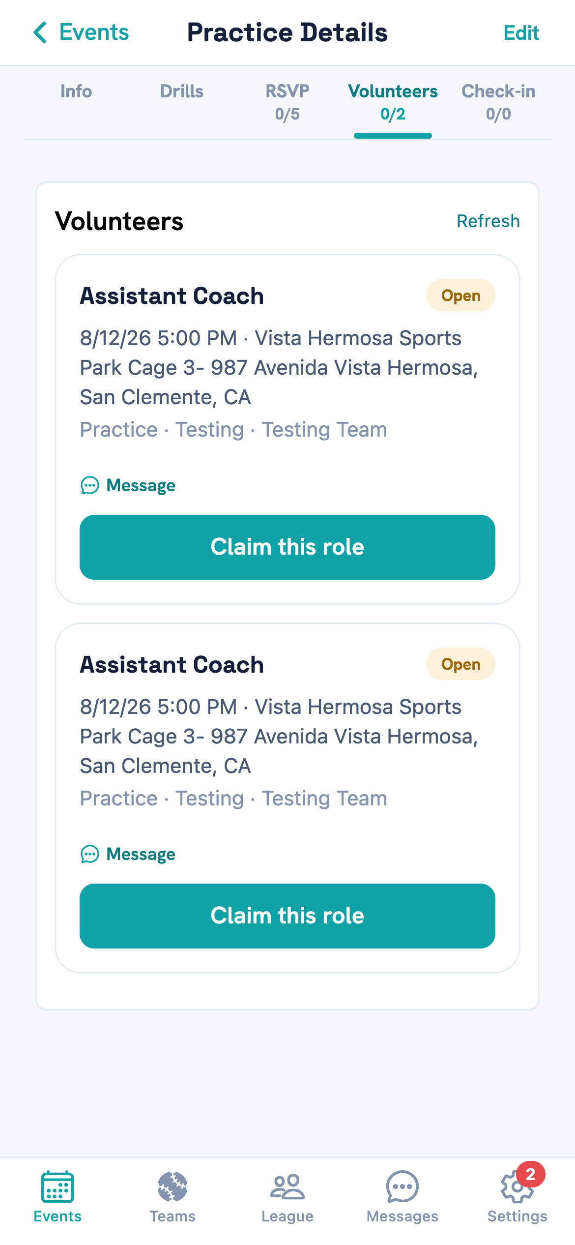 The Practice Details screen with Info, Drills, RSVP, Volunteers and Check-in tabs, the Volunteers tab selected showing two Assistant Coach slots marked Open, each with a Claim this role button.
