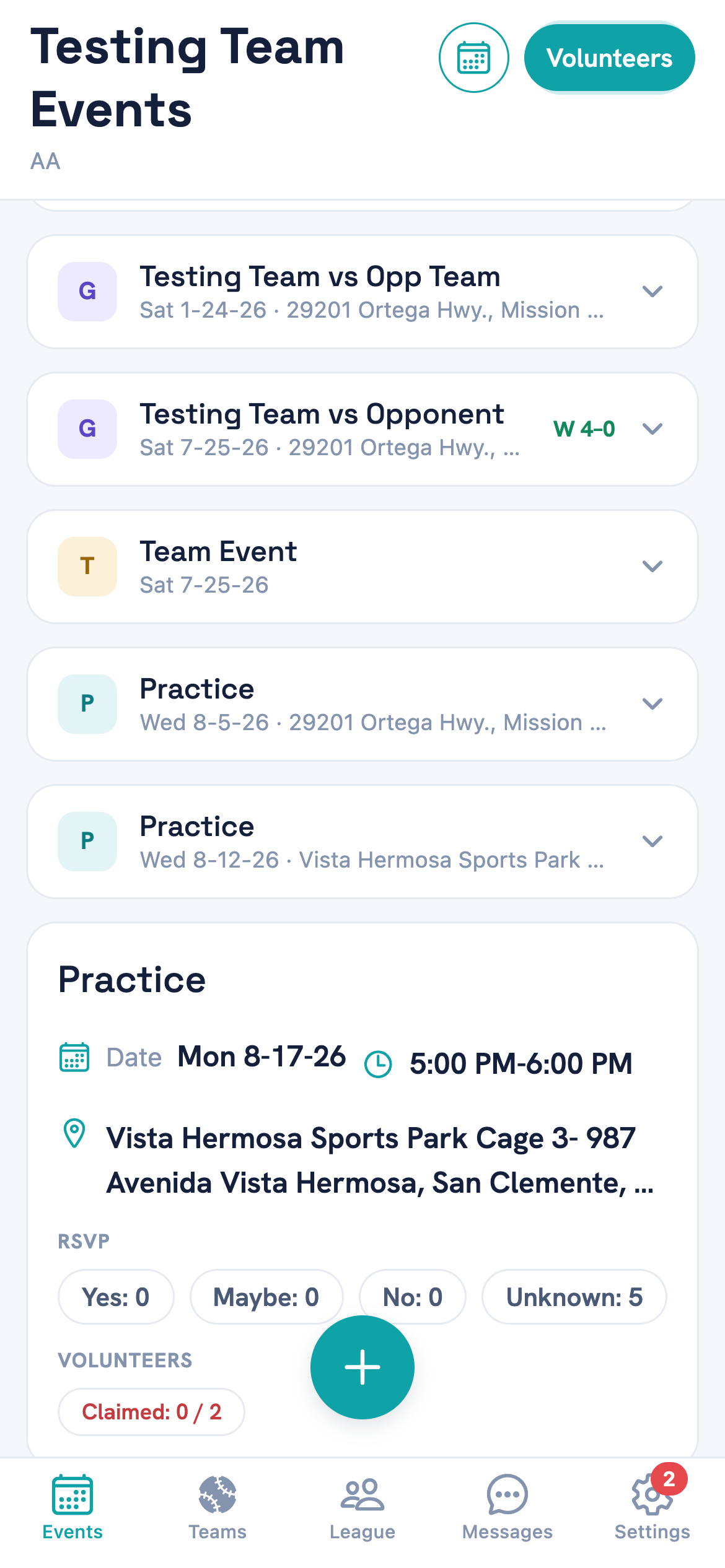 The Testing Team Events screen listing games and practices, with the Volunteers button ringed in the top right beside a calendar icon.