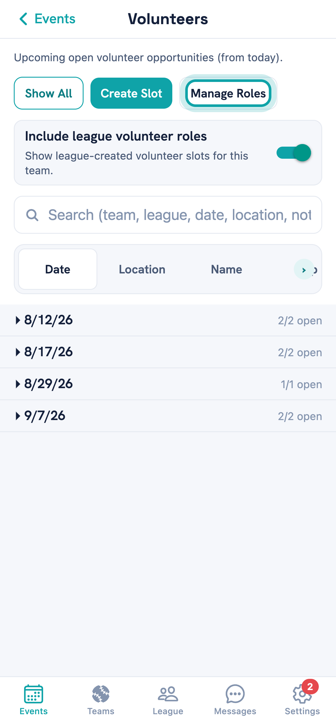 The Volunteers screen listing upcoming opportunities by date, with Show All, Create Slot and Manage Roles buttons, and Manage Roles ringed.