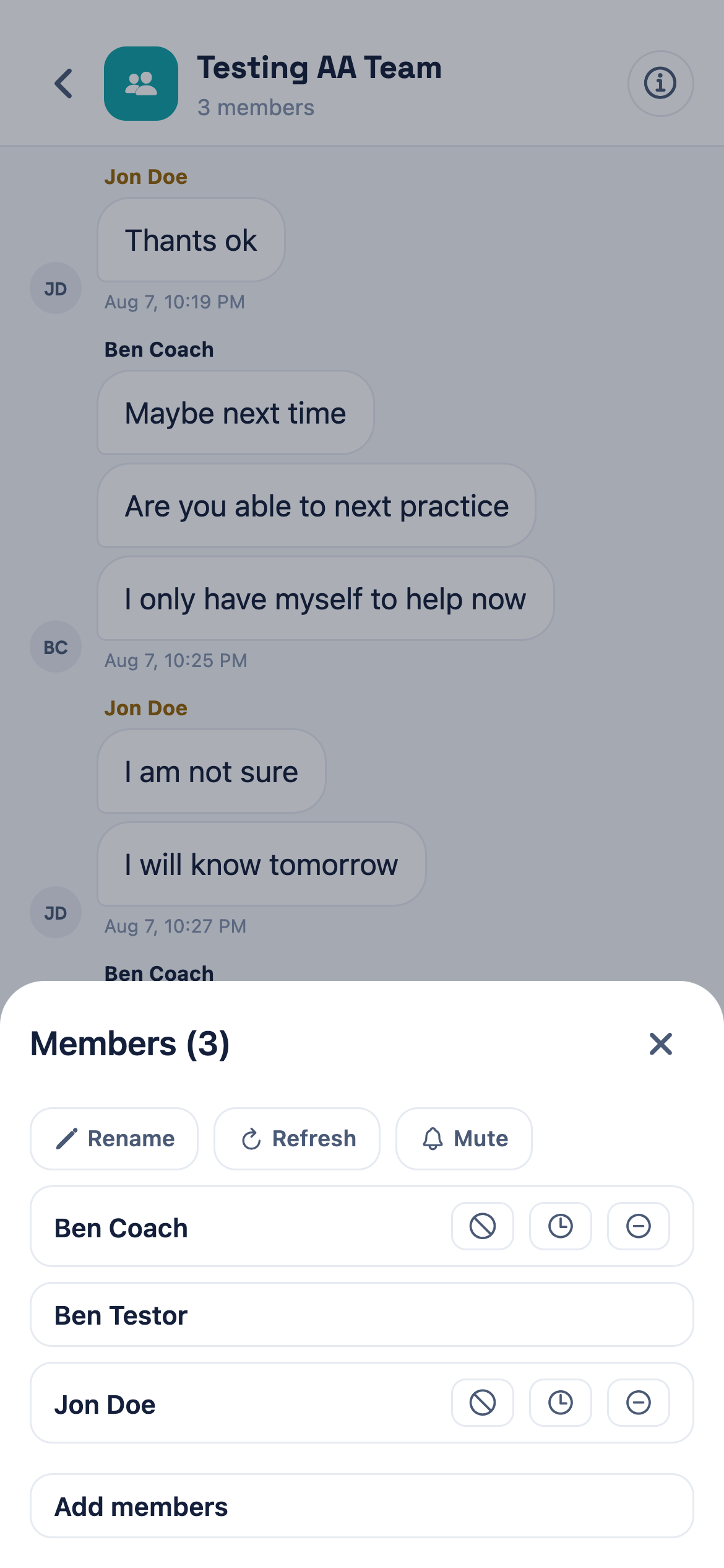 The conversation details panel headed Members (3), with Rename, Refresh and Mute buttons, icons beside each member's name, and Add members at the bottom.