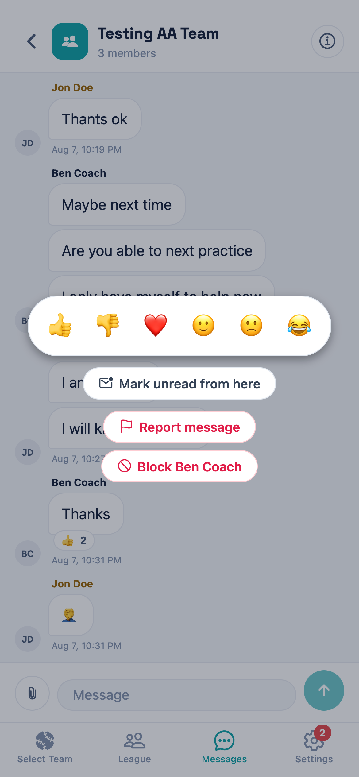 A held message showing a row of six emoji above three options: Mark unread from here, Report message, and Block Ben Coach.