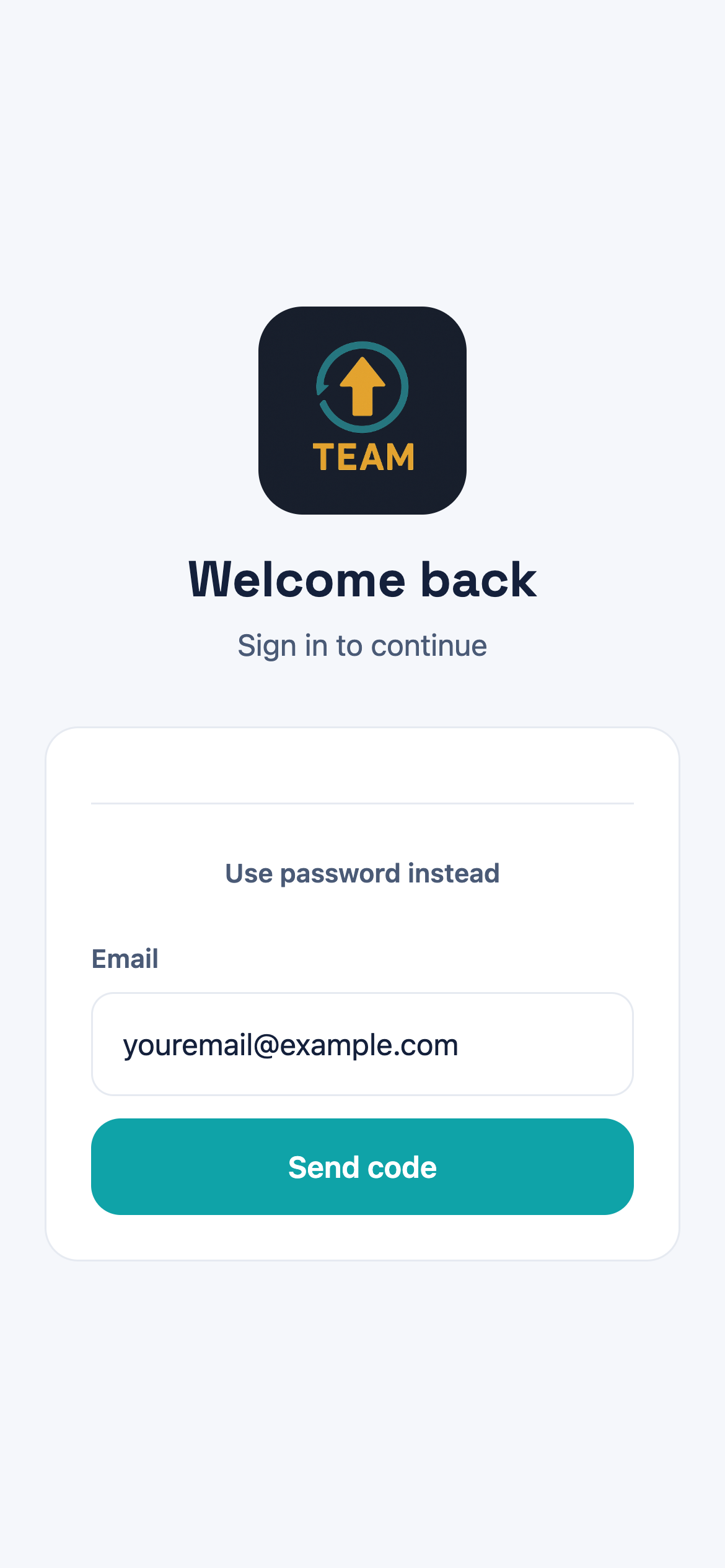 The sign-in screen after tapping Login with email, showing Use password instead at the top, a single Email field, and a Send code button.