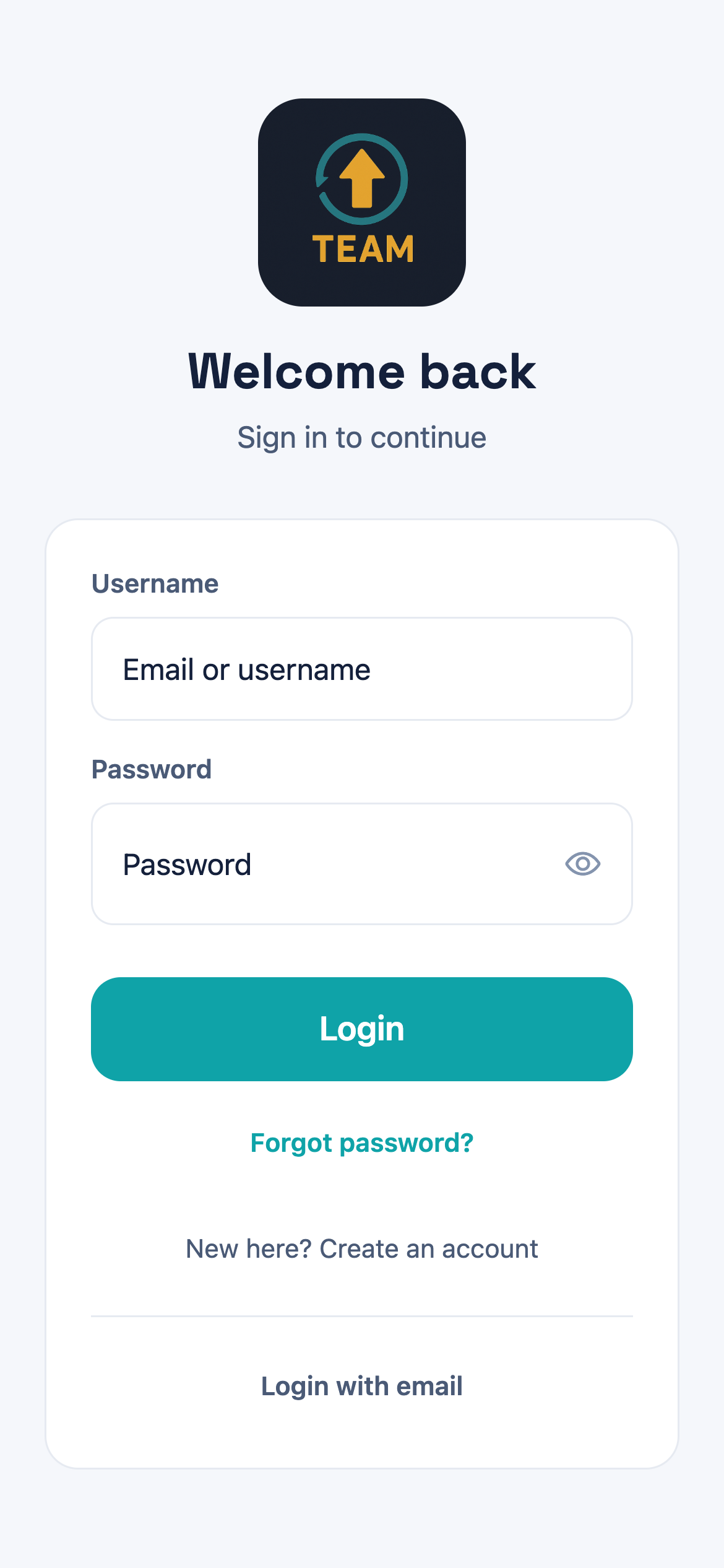 The Welcome back sign-in screen with Username and Password fields, a Login button, and Forgot password? and Login with email links below it.